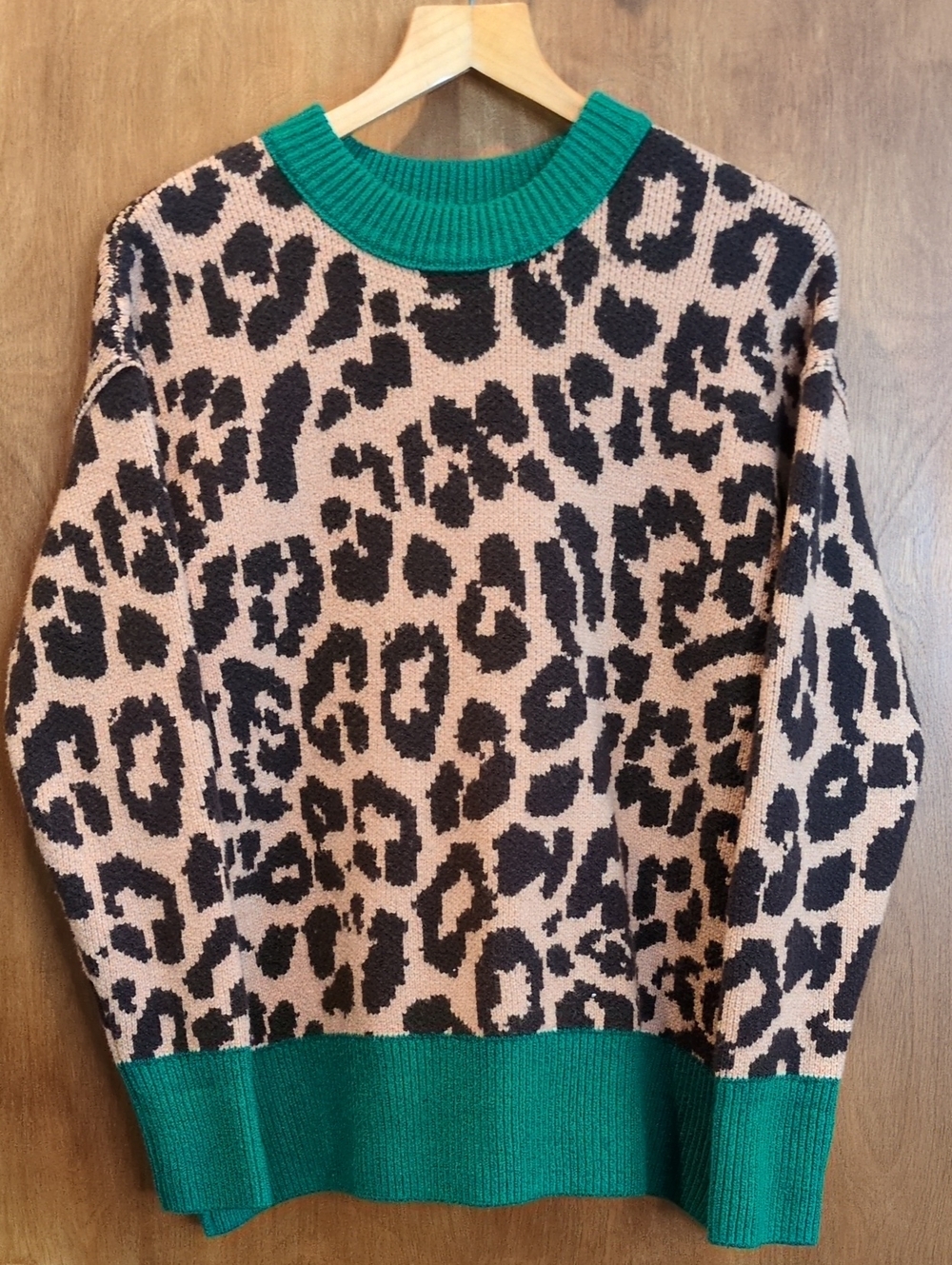 aerie Leopard-Print Crewneck Sweater with Green Trim Size XXS